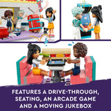 LEGO 41728 Friends Heartlake Downtown Diner Restaurant Playset, Toy for Kids Aged 6 Plus, Birthday Gift Idea with Liann, Aliya and Charli Mini-Dolls, 2023 Series Characters